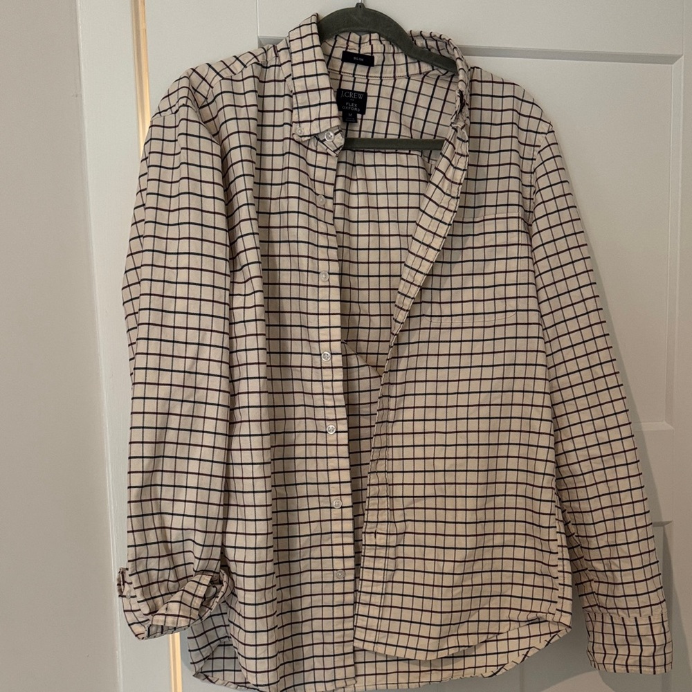 J. Crew Cream and Red Plaid Oxford Shirt